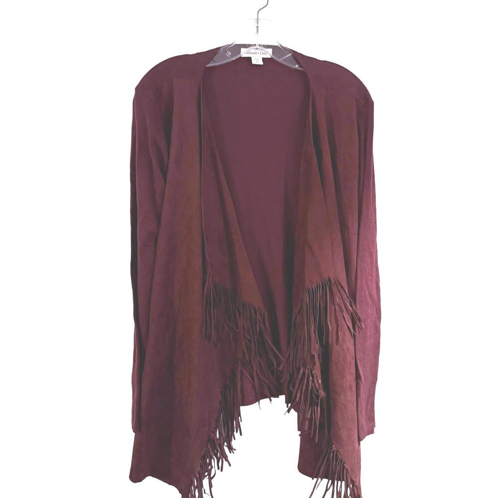 Coldwater Creek Maroon Boho Open Front Fringe Sweater SZ XL Festival Hippie Y2K